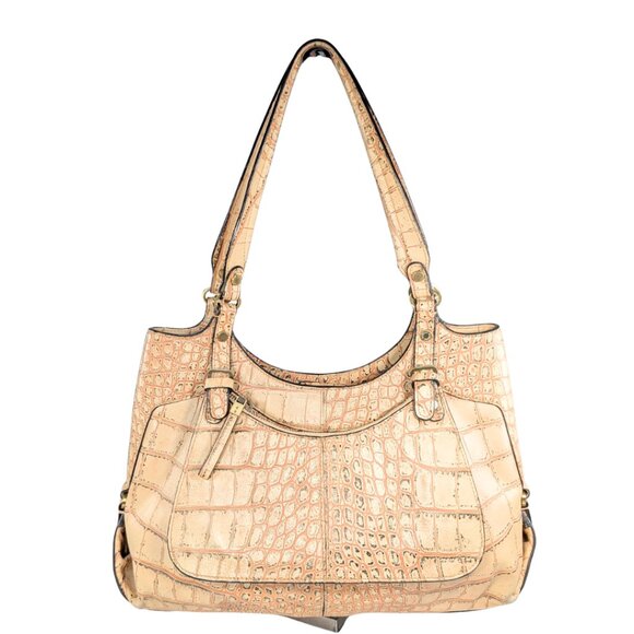 Monsac Croc Embossed Italian Leather Cream Crescent Shoulder Bag w/Pouch - Picture 1 of 12